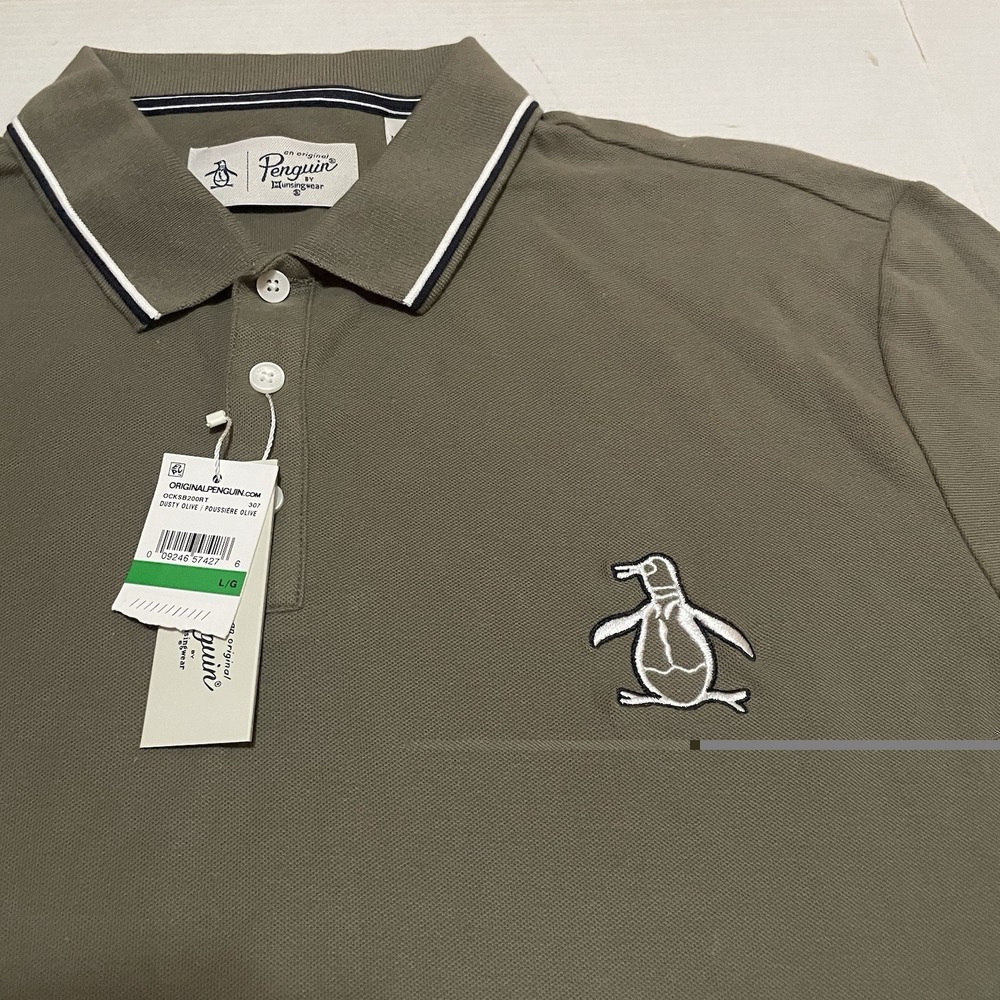 Original Penguin Polo Shirt Men's Large Dusty Olive 100% Cotton NWT Striped Trim